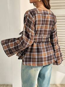 SHEIN Maternity Plaid Drop Shoulder Long Sleeve Button Design Casual Belted Shirt - Brown - View 2