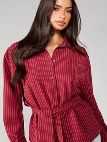 MISSGUIDED Belted Stripe Deep Cuff Poplin Shirt In Burgundy And White, Women - Burgundy - View 5