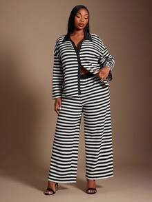 SHEIN SXY Plus Size Women's Sexy Vacation Black And White Striped Drop Shoulder Long Sleeve Shirt And Mid-Waist Trousers Two Pieces Set - Black and White - View 5