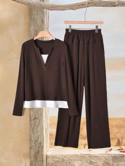 EMERY ROSE 2pcs/Set Women Casual Minimalist Outfit, Suitable For Autumn/Winter,Fall,Fall Clothes For Women,Women's Winter Clothes