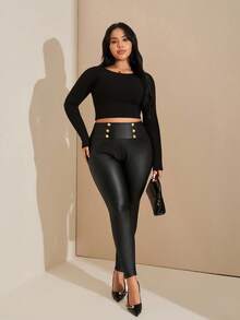 SHEIN Tall CURVE Quần bó da lưng cao màu đen cỡ lớn cho nữ vào mùa thu đông - màu đen - Xem 5