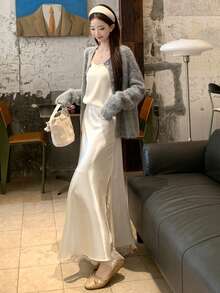 DAZY Women's Satin & Lace Patchwork Casual Loose Skirt