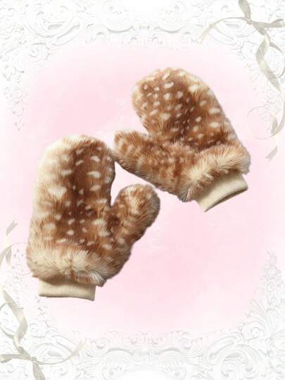 ROMWE Fairycore 1 Pair Fawn Patterned Plush Gloves, Y2K Animal Print Fingerless Gloves, Warm Thick Touchscreen Gloves For Daily Wear