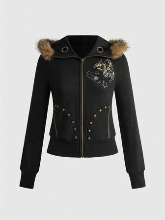 J-Fashion Women's Star Print Rivet Design Long Sleeve Zipper Front Hooded Sweatshirt