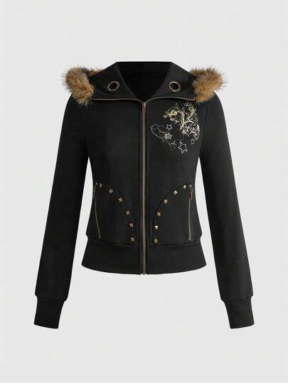 J-Fashion Women's Star Print Rivet Design Long Sleeve Zipper Front Hooded Sweatshirt