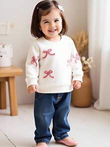 Vintaside Kids Baby Girls' Sweet White Round Neck Long Sleeve Pullover Top, Detailed With Pink Drawstring Bow, Minimalist Fitted Style, Suitable For Daily Wear, School, Birthday Party, And Family Activities - Multicolor - View 10