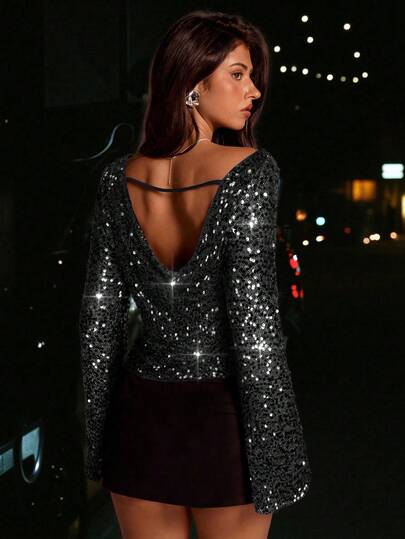 Avantive بلوزة نسائية أنيقة وجذابة بياقة على شكل حرف V مزينة بالترتر للحفلات