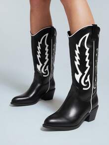 Solezae Modische Damen Schwarz Weiß Kunstleder PU Mandel Zeh Western Stil Chic Cowboy Knie Stiefel mit Blockabsatz Schlupf-an Rodeo Tanz Herbst Winter Schuh - Schwarz - Übersicht 2