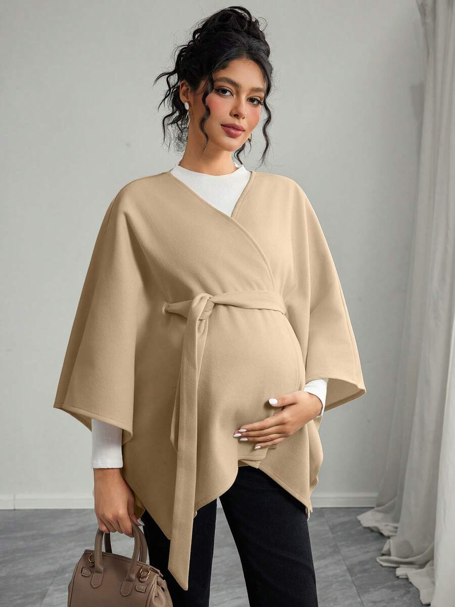 Momance Maternity Regular Cardigan With Batwing Sleeves And Belt, Wool Blend - Khaki - View 1
