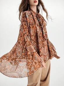 Aveloria Modichic 大地色系彩色印花衬衫，领口系带，前襟纽扣，长袖，弹性设计，休闲舒适，适合秋季外出和日常穿着。 - 彩色 - 查看 7