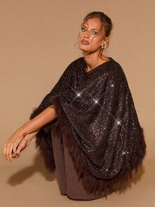 COSMINA 女士优雅亮片宽松船领不对称下摆毛绒套头衫，秋冬款 - 棕色 - 查看 7