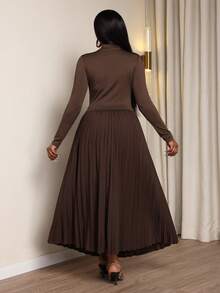 Xyvia Women's Dark Brown A-Line Pleated Flared Skirt & Fitted Irregular Hem Long Sleeve Top Set, Sophisticated Elegant Outfit For Birthday, Date, Party, Formal Occasion - Brown - View 2