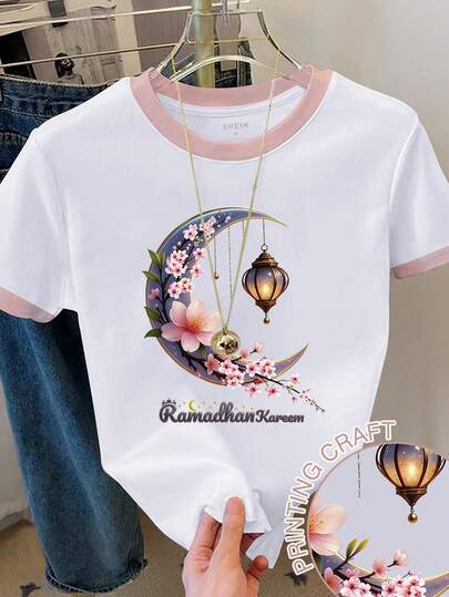 Resyla Women's Moon & Flower Print Colorblock Round Neck Short Sleeve T-Shirt