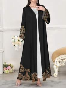 SHEIN Najma Women's Retro Floral Digital Print Long Sleeve Casual Arabic Abaya, Spring/Autumn - Multicolor - View 3