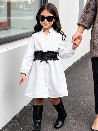 Reset Phase Young Girl Casual Everyday Commute Shirred Loose Fit Shirt Dress With Ruffle Waist Sash, Autumn/Spring