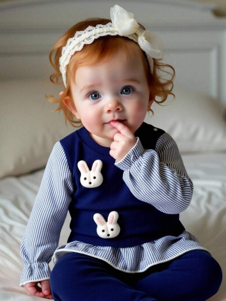 SHEIN 2 buc Haine de toamnă/iarnă pentru bebeluși, sezonul de întoarcere la școală, 6 luni - 3 ani, albastru bleumarin, la modă, casual, cu decor 3D drăguț de iepure, dungi, cu volane, mânecă lungă și pantaloni cu talie elastică, moi și confortabili pentru naveta, ținute de stradă și cadouri