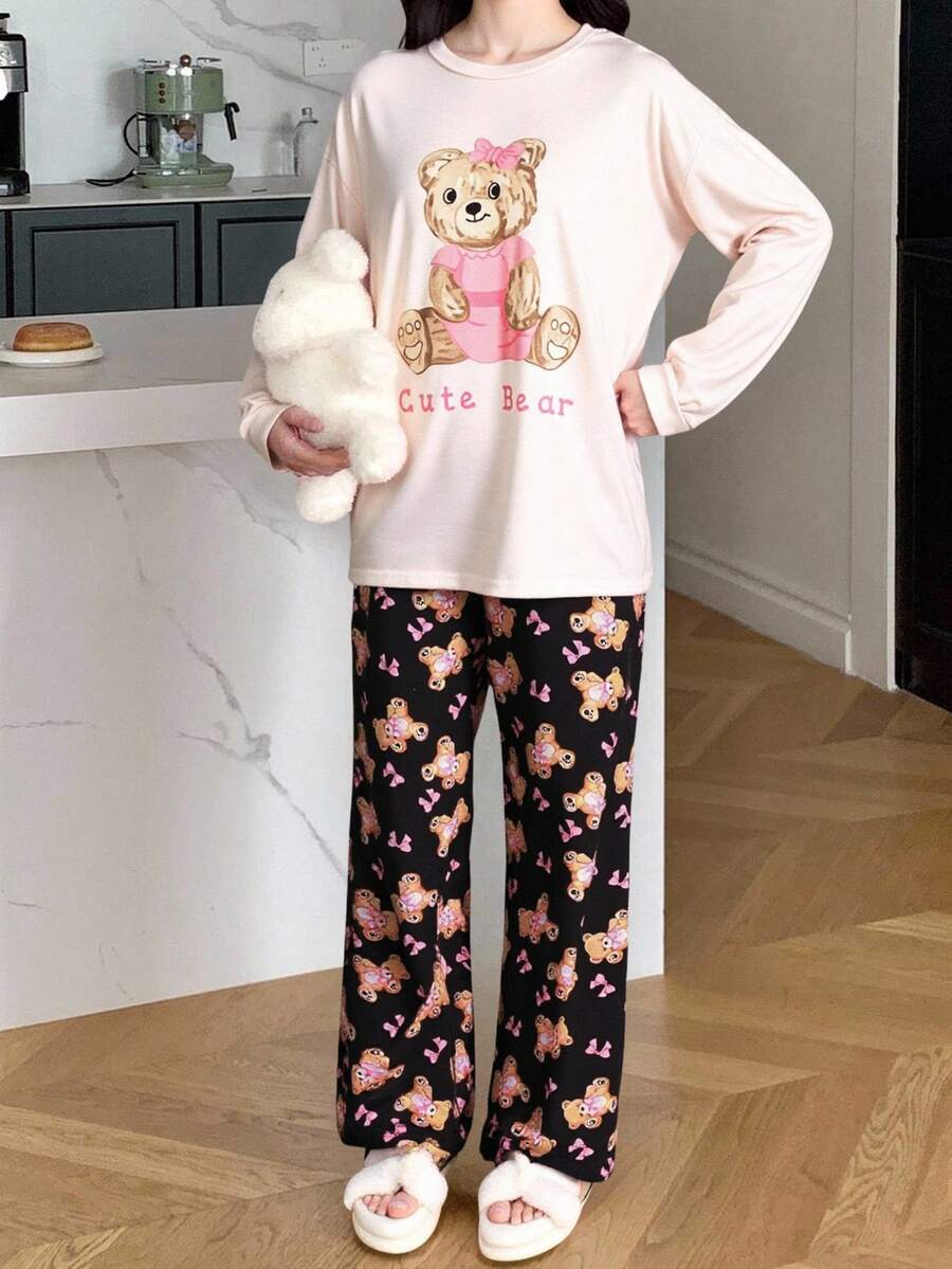 Bộ đồ ngủ rộng rãi in hình gấu dễ thương cho bé gái tuổi teen, mặc ở nhà thường ngày - màu đen - Xem 1