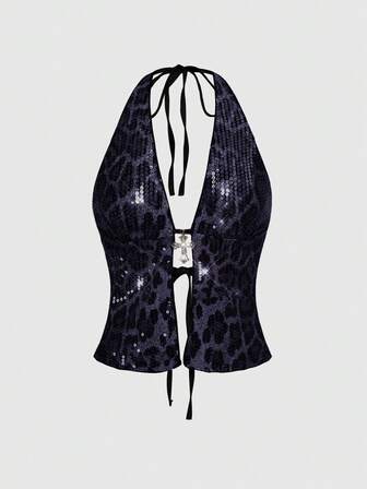 Grunge Punk Outfit da spiaggia punk rock alla moda per l'estate, festival, moda di strada, canotta donna sexy con stampa leopardata, pendente a croce e paillettes in stile Y2K