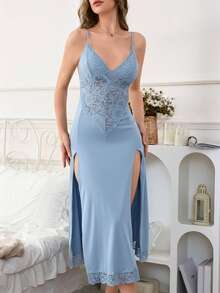 DelicateAllure 女士性感蕾丝拼接侧开衩睡裙 - 淺藍色 - 查看 5