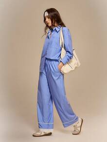 Hanevo 2pcs Women's Blue And White Stripe Loungewear,Collared Button-Up Long Sleeve Top & Waist Tie Pants Set,Elegant Casual Autumn Outfit For Commute - Blue and White - View 4