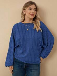 EMERY ROSE Women's Plus Size Casual Solid Color Ribbed Long Sleeve Sweatshirt - Royal Blue - View 4