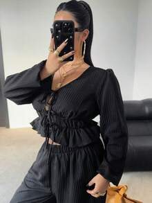 POPSWAY Plus Size Casual V-Neck Tie-Front Short Sleeve Crop Top + Versatile Casual Pants 2 Pieces Set