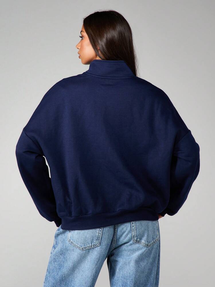 MISSGUIDED Oversized Navy Funnel Neck Sweatshirt With Button Detail And Long Sleeves For Fall Winter Casual Everyday Wear