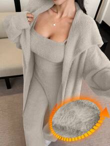 DAZY 3pcs/Set Faux Fur Fluffy Robe, Camisole & Pants Women Fluffy Pajama Set, Winter - Beige - View 3