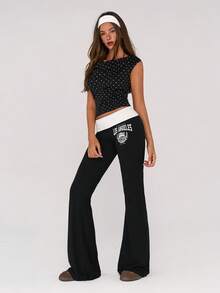 Sweetina 休闲学院风折叠腰带印花喇叭裤 - 黑色 - 查看 5