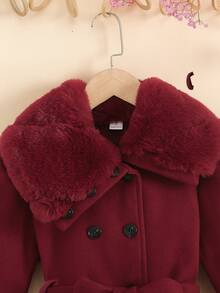 SHEIN Tween Girl Casual Daily Wine Red Lapel Front Double-Breasted Belt A-Line Jacket With Faux Fur Collar Autumn/Winter
