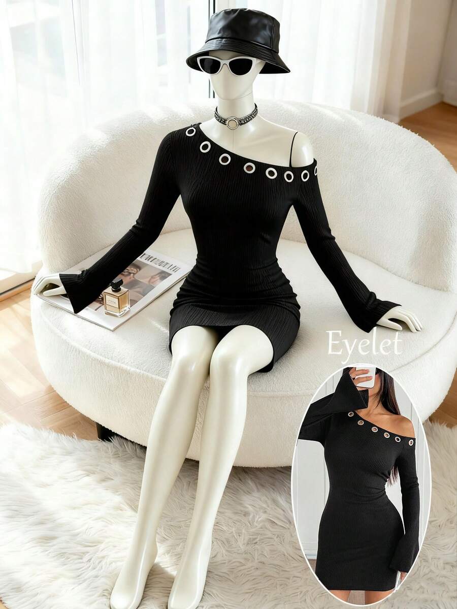 Franclia 1pc Women's Solid Color Knitted Textured Ruched Asymmetric Collar Long Sleeve Cinched Waist Flare Blouse - Black - View 1