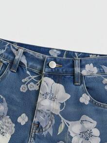 ROMWE Fairycore 复古印花水洗宽松阔腿牛仔裤（女款） - 藍色 - 查看 3