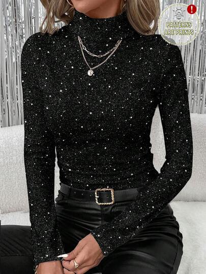 SHEIN Clasi 波点亮片印花针织女式休闲高领修身长袖上衣 - 优雅经典，完美适用于派对、聚会、约会和夜店之夜。适合秋冬季节穿着，也适合新年庆祝活动。