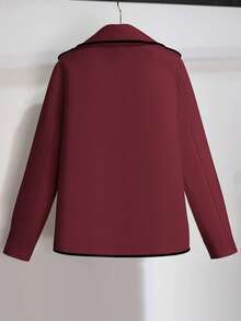 SHEIN LUNE Abrigo largo de mujer con doble botonadura y ribete de color contrastante para otoño/invierno - Burdeos - Ver 2