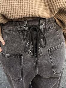 FRIFUL Women's High Waist Lace-Up Retro Casual Loose Straight Leg Jeans - Black - View 6