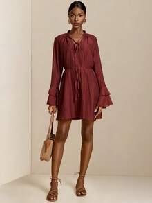 SHEIN Veneréa Women's Retro V-Neck Ruffle Hem Cinched Waist Waist Flare Sleeve Chiffon Mini Dress - Brown - View 4