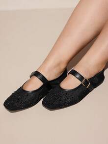 CUCCOO CURVES Women's Rhinestone Decor Buckle Design Fashion Wide Fit Flat Shoes For Christmas Valentine's Day - Black - View 4
