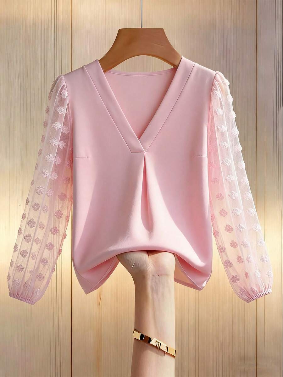 SHEIN LUNE 瑞士圆点灯笼袖衬衫 - 粉色 - 查看 1
