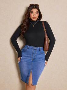 Elaquor 大码休闲水洗开衩修身牛仔裙 - 中等水洗藍 - 查看 2