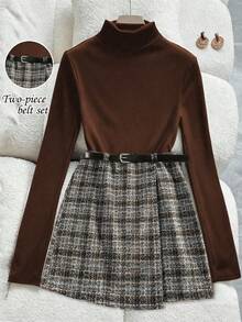 Franclia Elegant Women's Black Knit Turtleneck Top Paired With Vintage French Plaid Fitted Skort, Accessorized With Black Belt, 2-Piece Set, Autumn - Coffee Brown - View 4