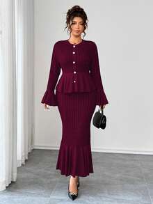 Elenzga Dwuczęściowy komplet damski w dużych rozmiarach, rozciągliwa dzianina w szerokie paski, sukienka syrenka z rozszerzanymi rękawami, elegancka na wyjścia, podwieczorek, dojazdy do pracy, nowoczesna i wygodna, w dużych rozmiarach, ciemnoszara, jesienno-zimowa sukienka maxi z długim rękawem, dwuczęściowy komplet