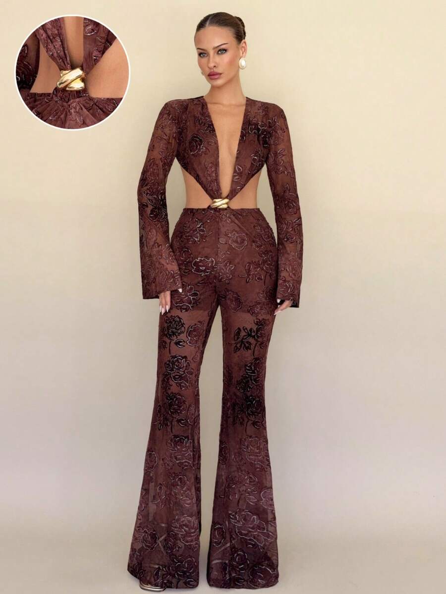 Roylia Women's Elegant Brown Floral Flocked Elastic Mesh Flare Leg Jumpsuit,See Through Lace Cutout 1 Piece Set For Autumn Night Out Jumpsuits - Brown - View 1