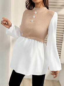 SHEIN Maternity Patchwork Long Sleeve Pullover Sweater - Khaki - View 1