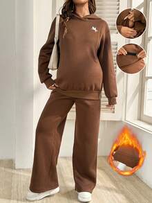 SHEIN 2pcs Maternity Casual Hoodie Sweatshirt And Pants Breastfeeding Set, Autumn/Winter - Brown - View 2
