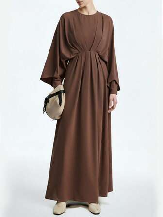 Aalyst Women's Elegant Minimalist High-End Casual Dress, Suitable For Office, Commute, Beach, Music Festival, Afternoon Tea, Derby, Regatta, Solid Color Round Neck 2 In 1 Waist Ruffle Pleated Batwing Sleeve A-Line Maxi Dress, Spring/Summer