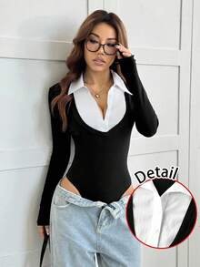 SHEIN EZwear 休闲简约办公室修身白领紧身衣，二合一女式衬衫领紧身衣，百搭款式，适合秋冬办公室穿着 - 彩色 - 查看 9