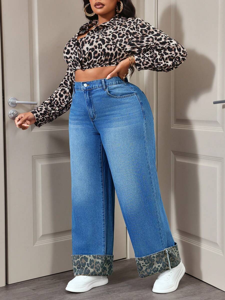 Slaydiva Plus Size High Waist Loose Fold-Over Patchwork Leopard Print Jeans - Blue - View 1