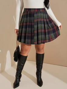 SHEIN Tall CURVE 大码复古格子褶裥A字裙 - 藏蓝色 - 查看 5