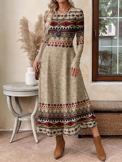 EMERY ROSE Women's Casual Elegant Long Sleeve Dress, Suitable For Autumn/Winter, Retro Print,Fall,Fall Clothes For Women,Women's Winter Clothes