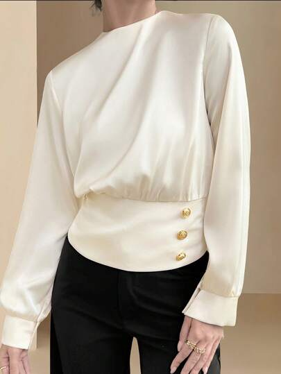 EMERY ROSE Women's New Solid Color Waist Cinched Long Sleeve Round Neck Blouse, Elegant And Graceful